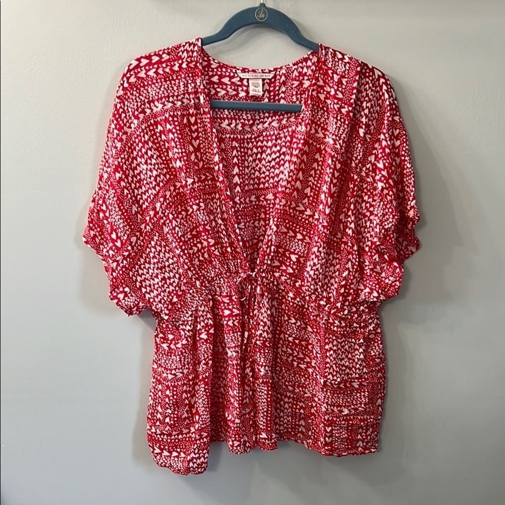 Victoria Secret Red Heart Short Sleeve Tie Front Kimono Top One Size